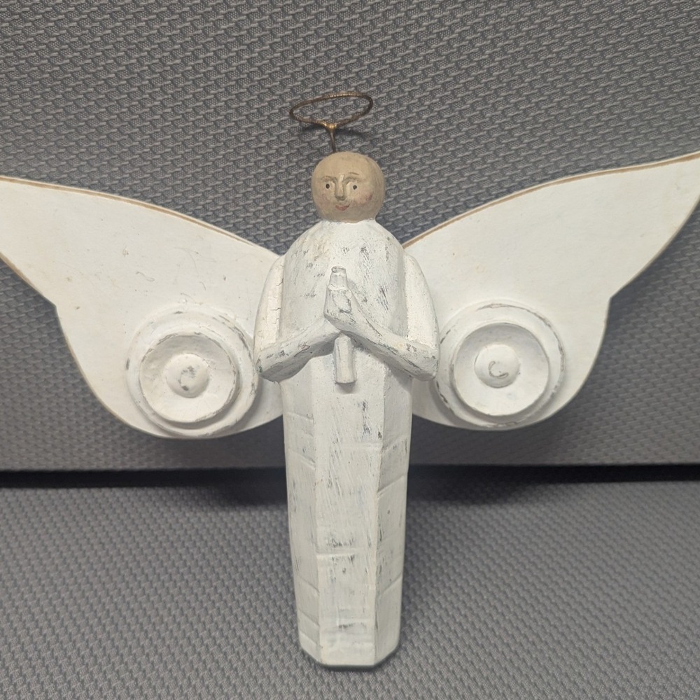 VTG Handcrafted Wooden Angel Figurine Folk Art Distressed White Primitive Statue